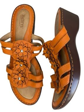Born Orange Leather Floral Wedge Sandals Size 9